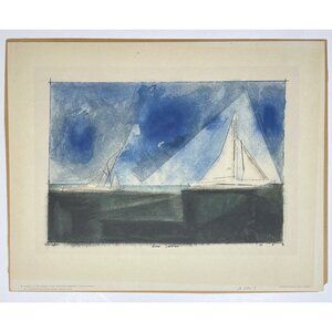 VTG 18.5"x14.5" Mounted Print ZWEI YACHTEN by LYONEL FEININGER July 23, 1931 EUC